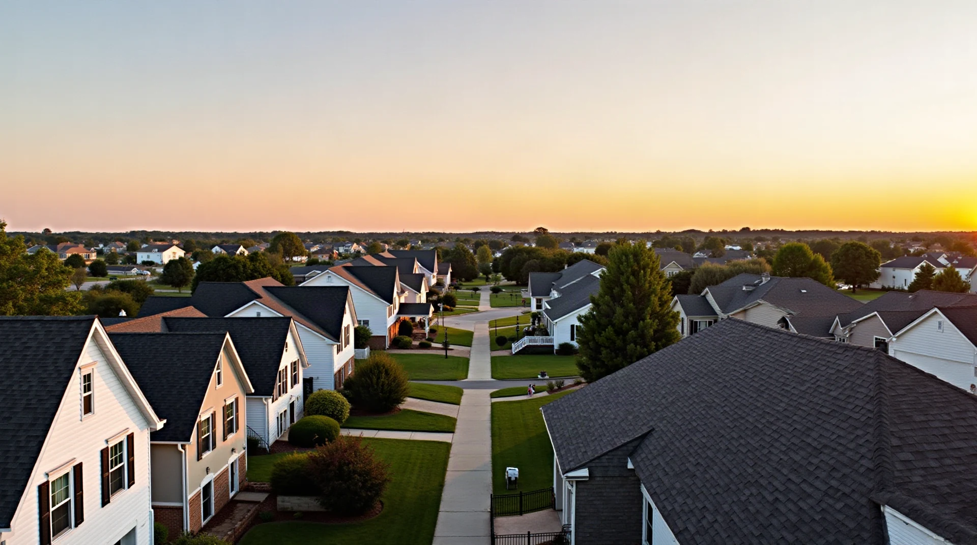Wide photograph of rooftops of a quiet Midwestern neighborhood at golden hour, big open sky filling the top half, shingle roofs along the lower third