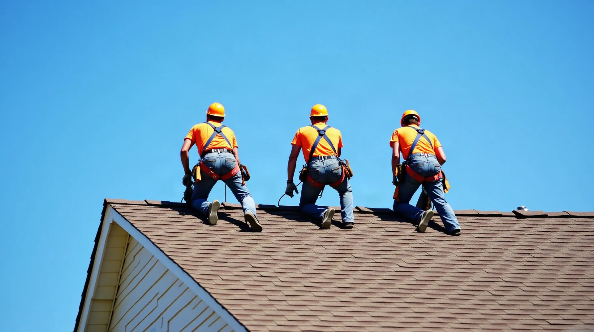 Photograph of a roofing crew of three in hard hats and safety harnesses working on a pitched residential shingle roof, seen from a distance, wide shot, blue sky