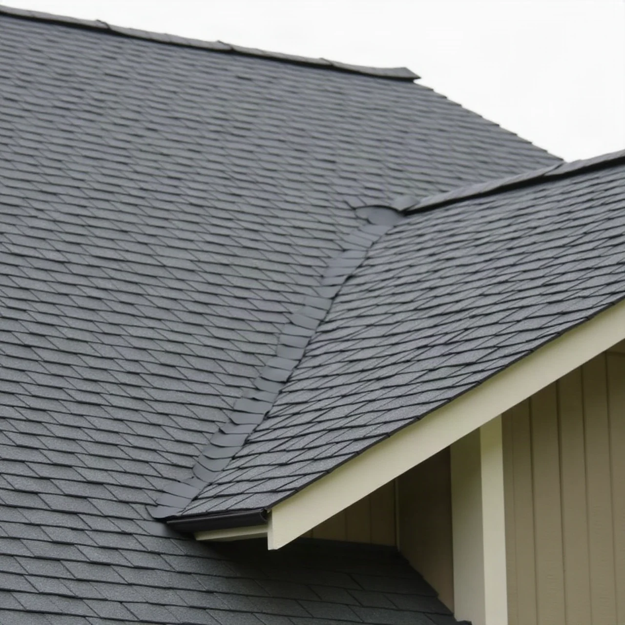 steep close-up photograph of a residential asphalt shingle roof with ridge line, a valley, fascia trim and step flashing at a wall junction, overcast daylight,
