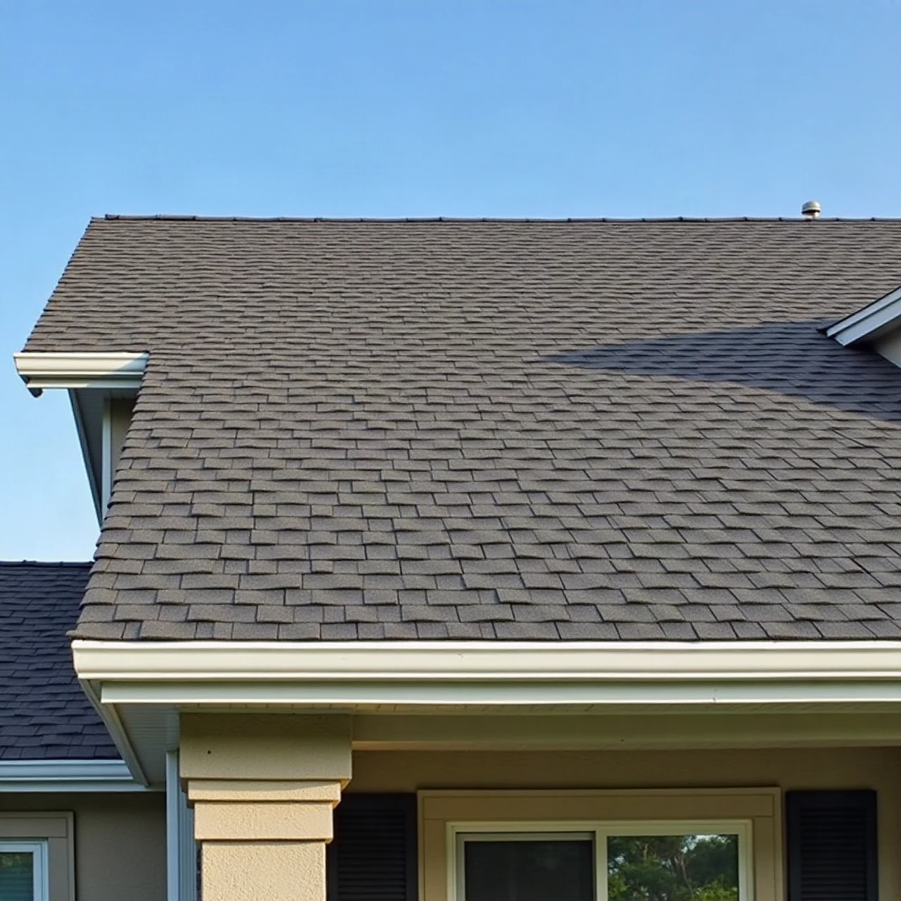 Photograph of a two-storey suburban Midwestern house with a full asphalt shingle roof plane visible from ridge to eaves, ridge vent at top, open shingle field i