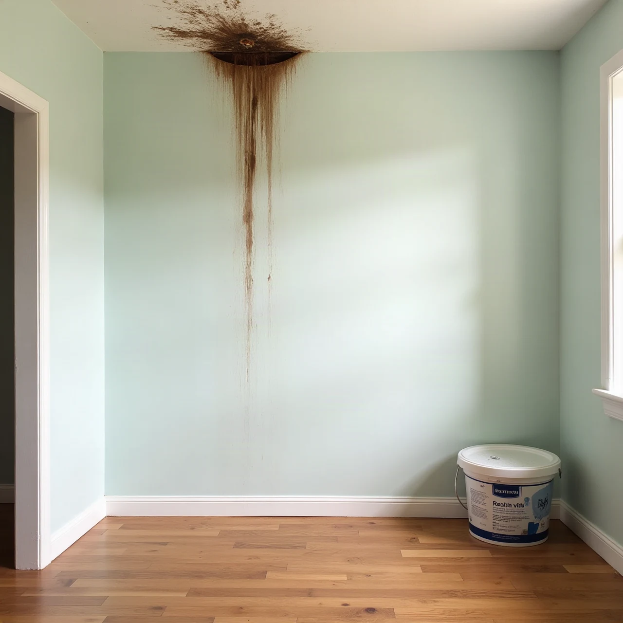 Photograph of water stain and drip on a ceiling below a roof leak, with a bucket on the wooden floor, interior daylight