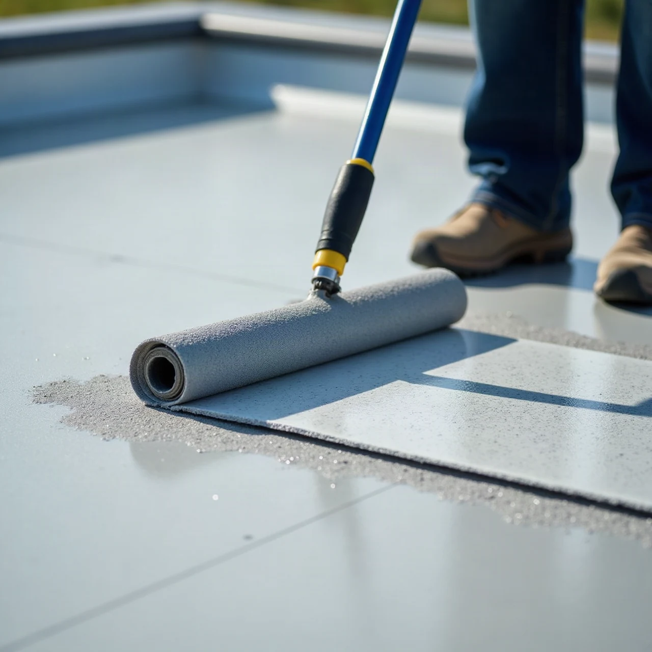 close-up of a fresh elastomeric waterproof roof coating being rolled onto a low-slope roof, natural light, documentary photo