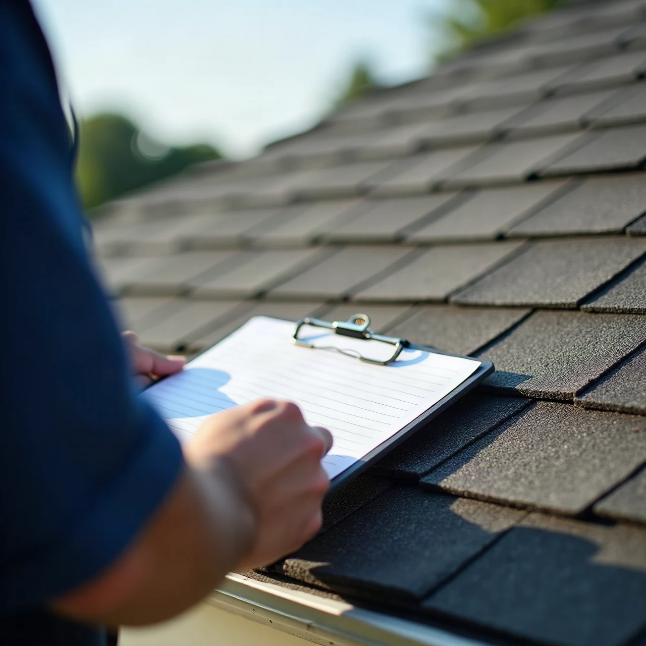 roofer inspecting asphalt shingles on a pitched residential roof, hands and clipboard close-up, natural daylight, documentary photo