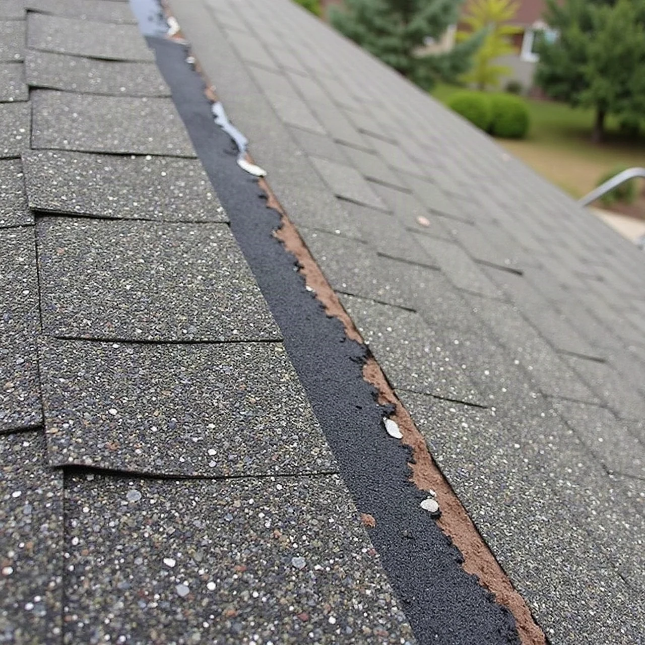 Close-up photograph of a residential roof repair: a few missing and lifted asphalt shingles exposing underlayment beside intact shingles, overcast light