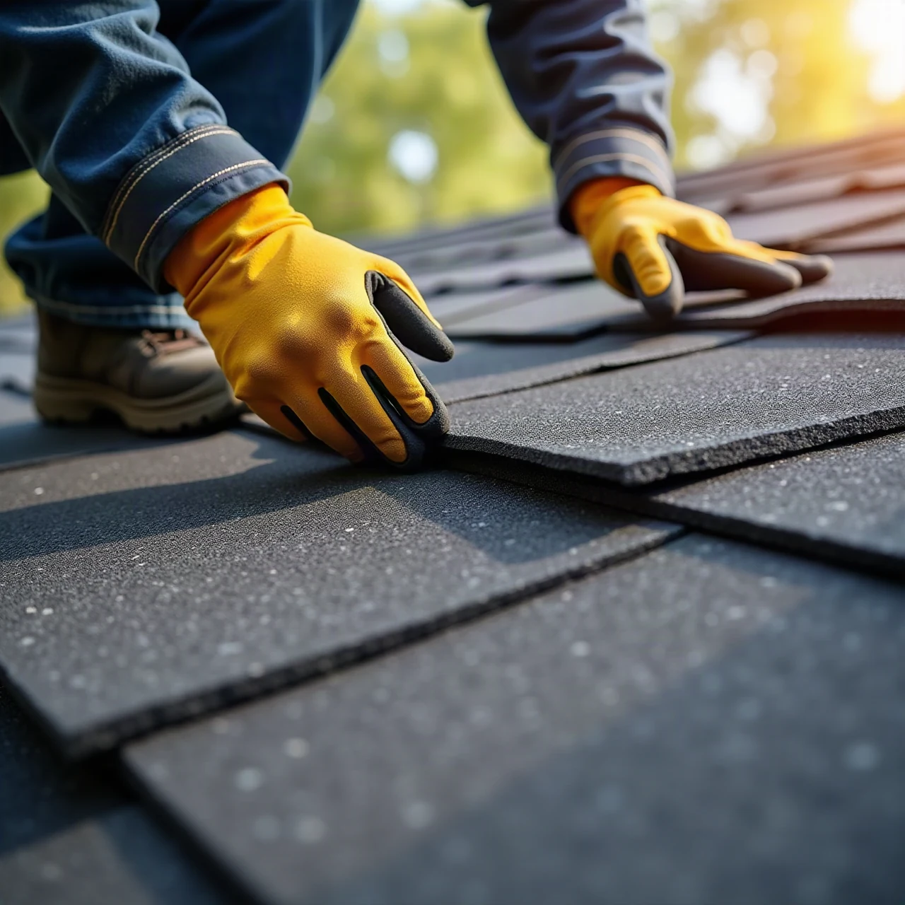 Close-up photograph of a roofer's gloved hands nailing new architectural asphalt shingles on a residential roof, fresh shingle rows, daylight